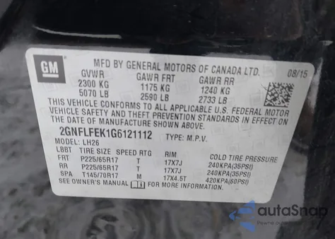 2016 Chevrolet Equinox Lt из США, поврежденный, VIN 2GNFLFEK1G6121112